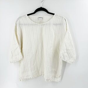 ✅ MATCH POINT LAGENLOOK LINEN CREAM/TAN STRIPED‎ 3/4 SLEEVE TOP SIZE MEDIUM